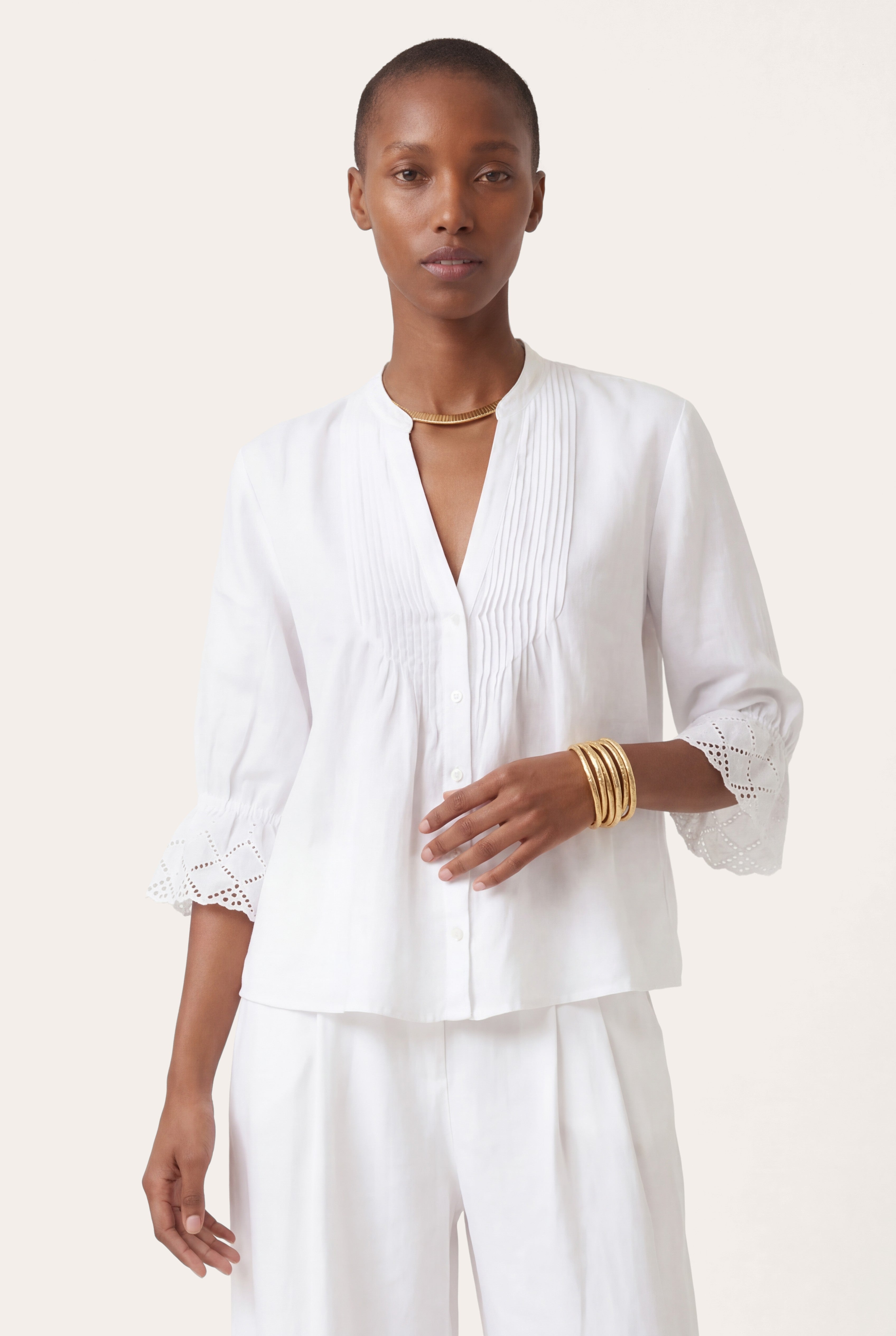 【foufou】伊勢丹限定 classical pintuck blouse Pintuck Linen Blouse with Embroidered Cuffs – 120percento Lino USA