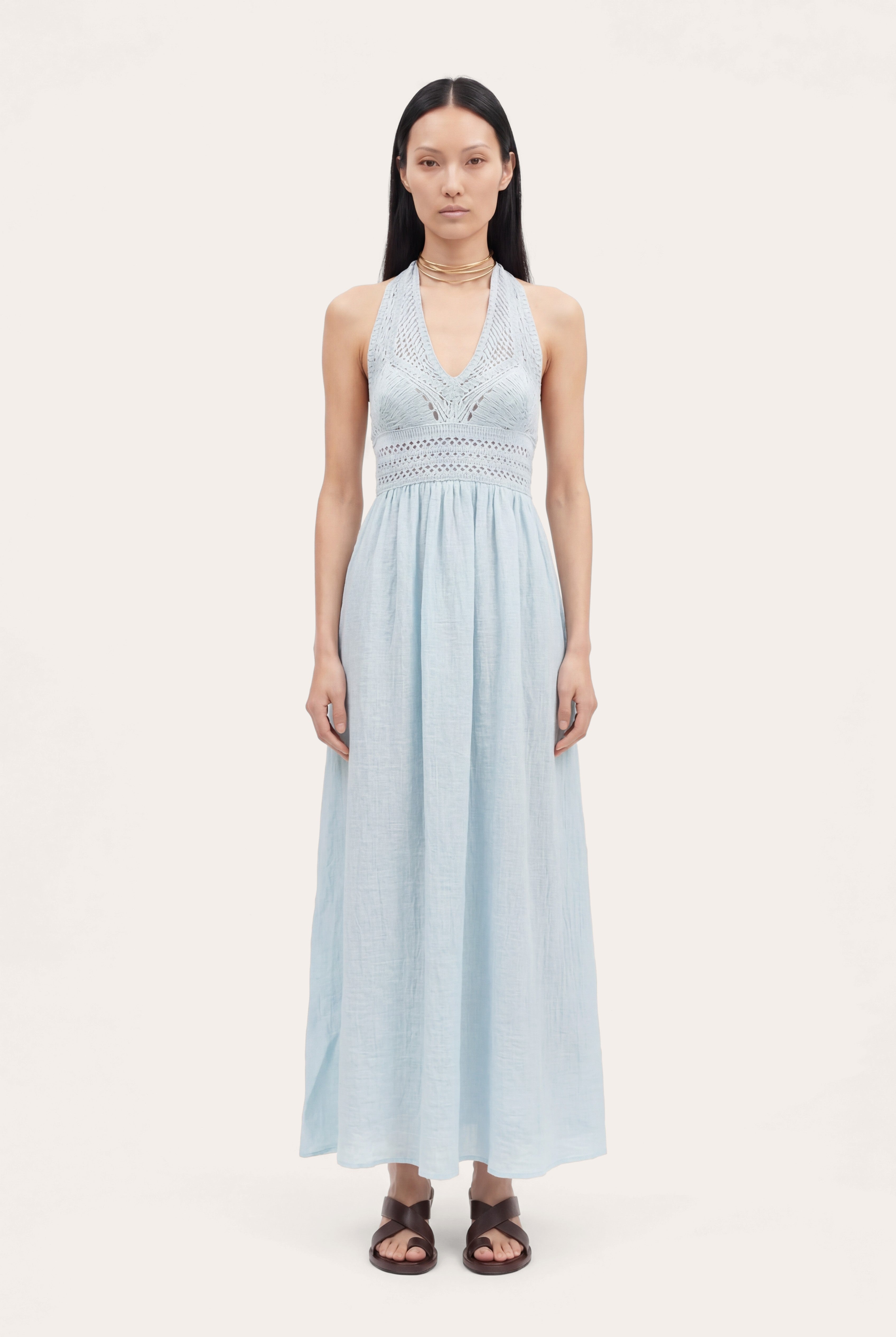 Crochet Detail Linen Sleeveless Dress AZZURRO / XS/40