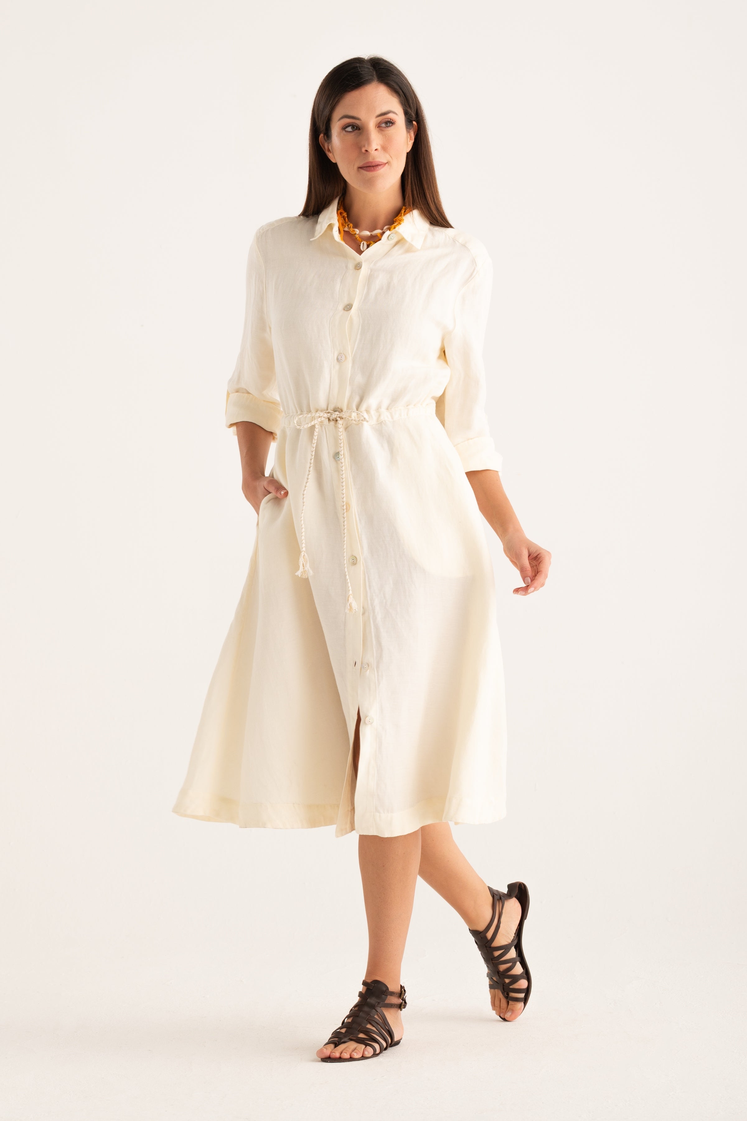 120 lino shirt dress Chemisier Shirt Dress with Belt NAVY FADE / XL/48