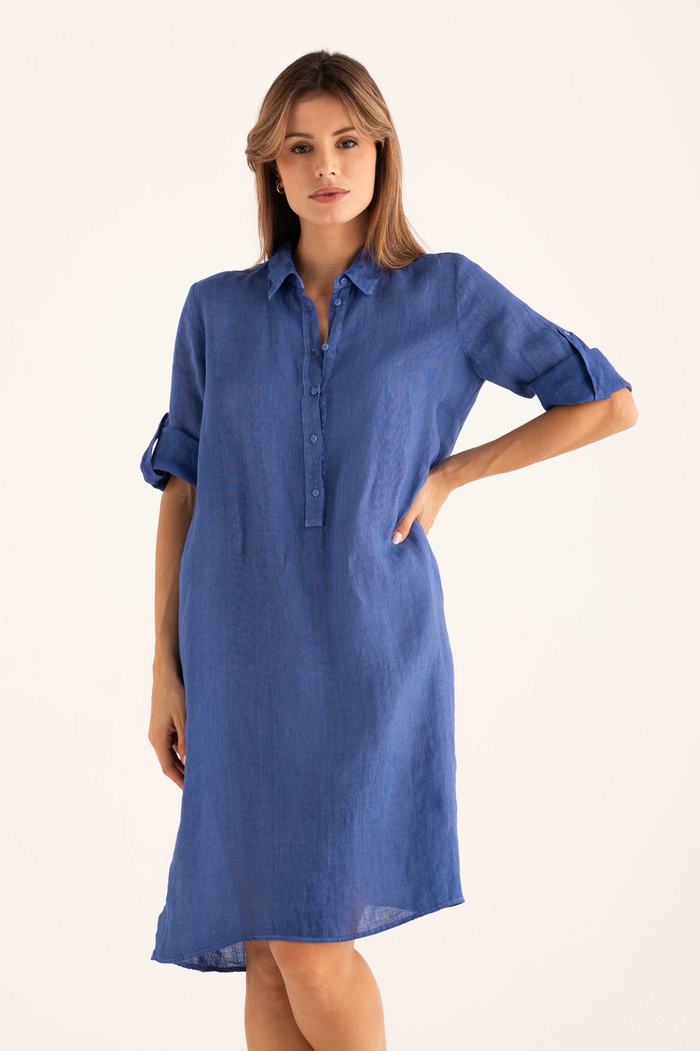 roll sleeve shirt dress Roll Sleeve Pocket Shirt Dress | Coastal Stripe Wash | M