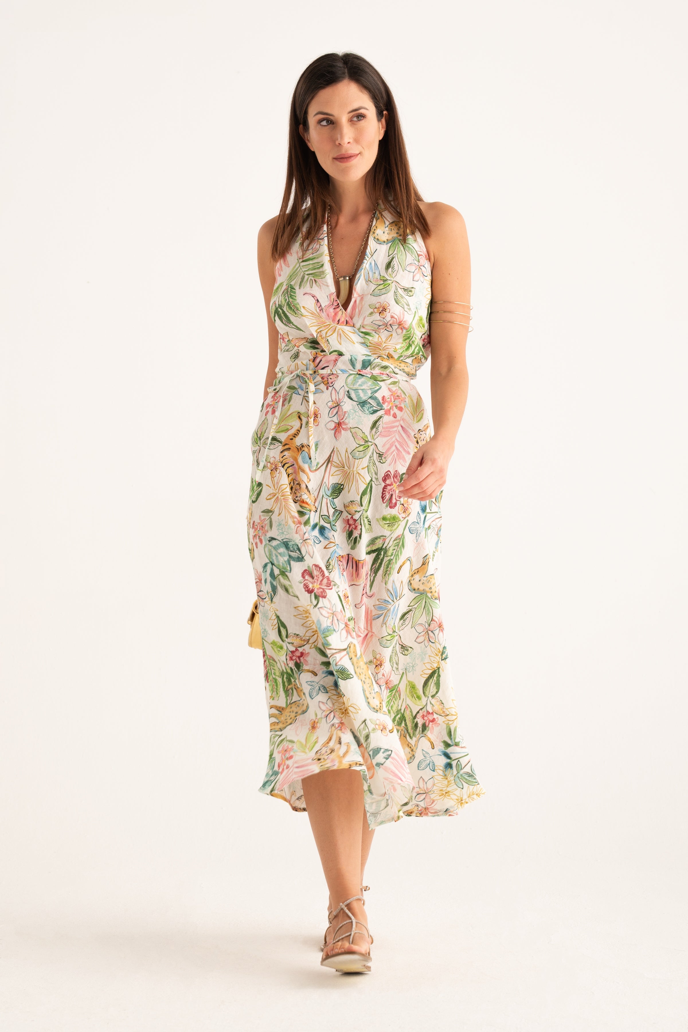 knee length dresses for ladies Crossover Halterneck Dress Jungle Print / XS/40