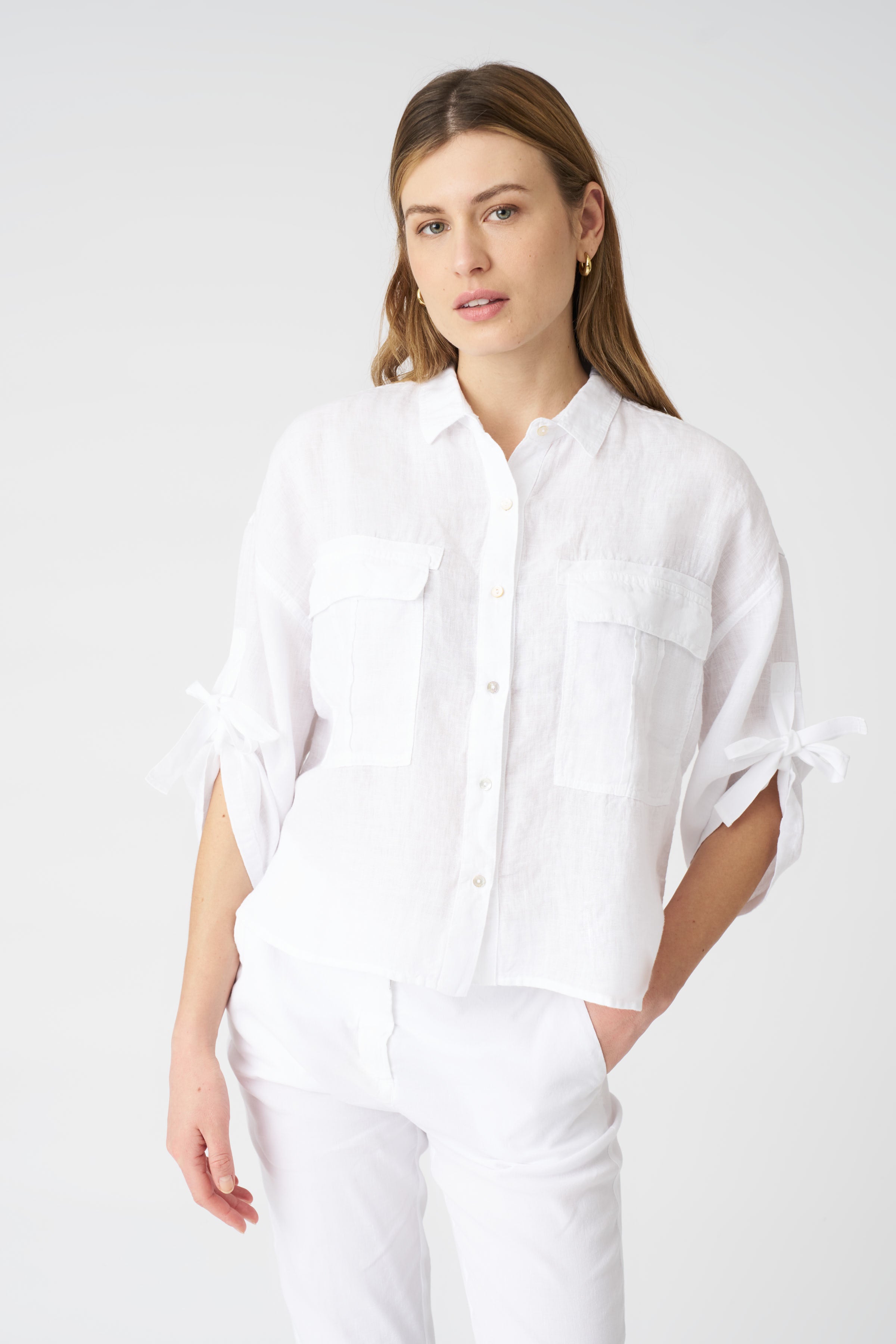 Cargo Style Shirt with Tie-Front Sleeves White / M/44 Cargo Style Shirt with Tie-Front Sleeves White / M/44