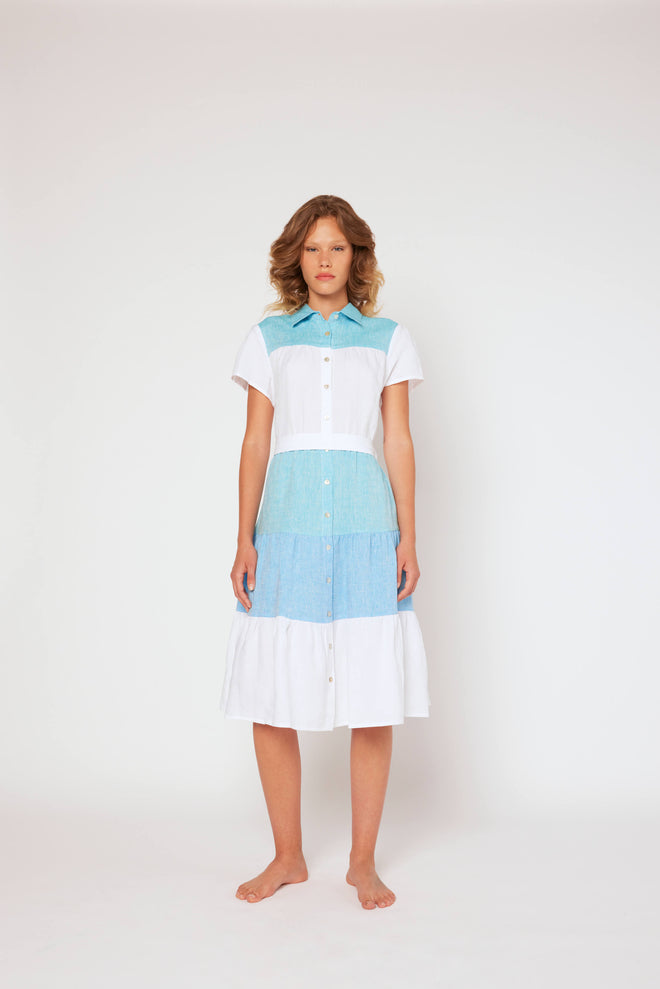 Yarn-dyed short sleeve dress White/Blue