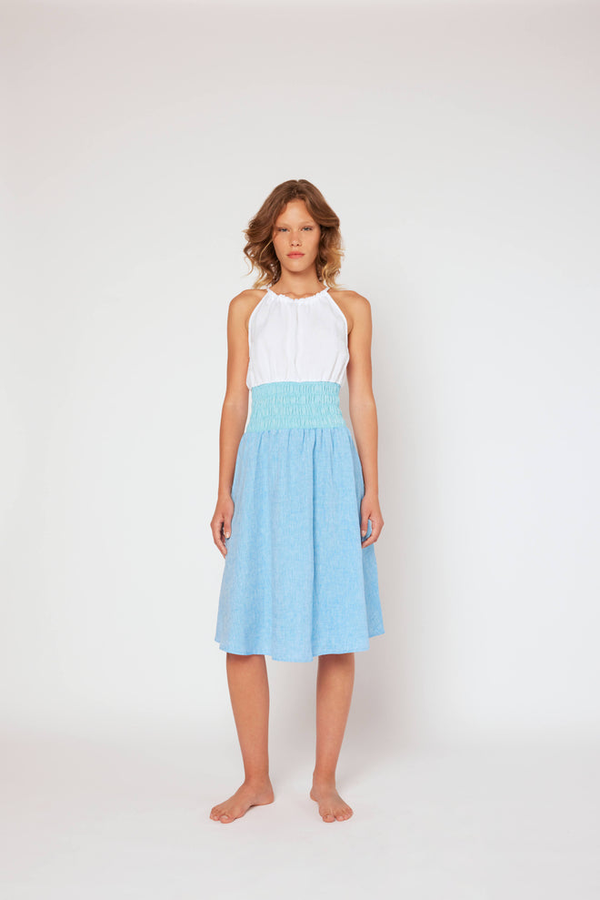 Yarn-dyed linen halter dress White/MixBlue