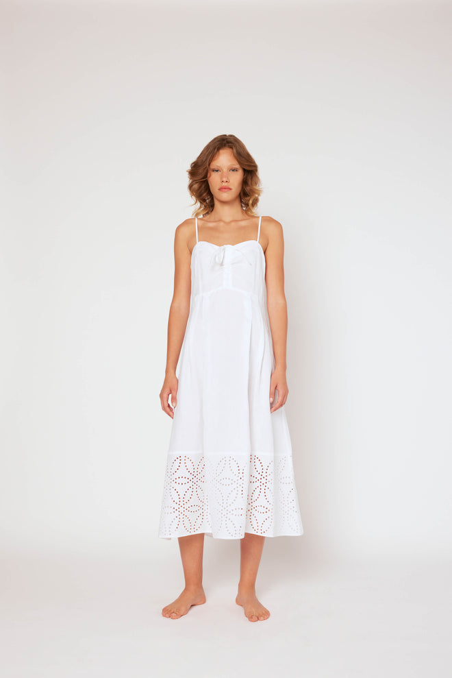 Midi dress in yarn-dyed white