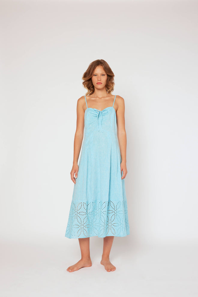 Midi Linen dress in yarn-dyed Light Blue