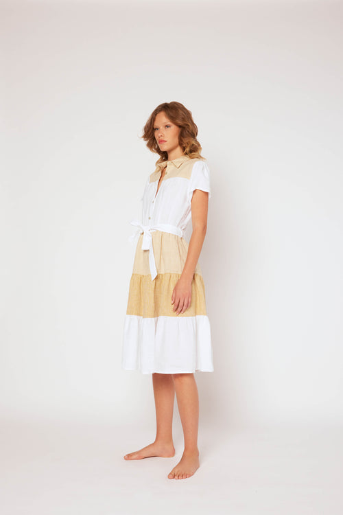 Yarn-dyed short sleeve dress White/Beige