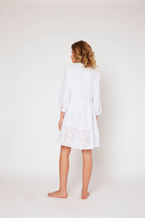 3/4 sleeve yarn dyed linen dress white