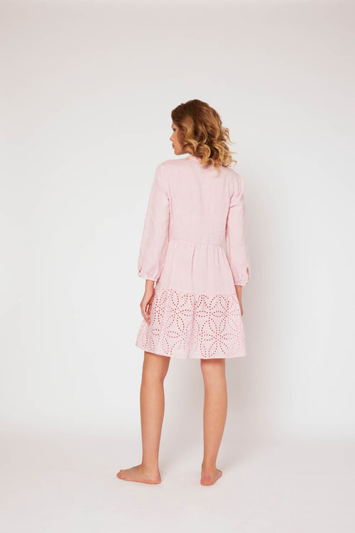 3/4 sleeve yarn dyed linen dress pink
