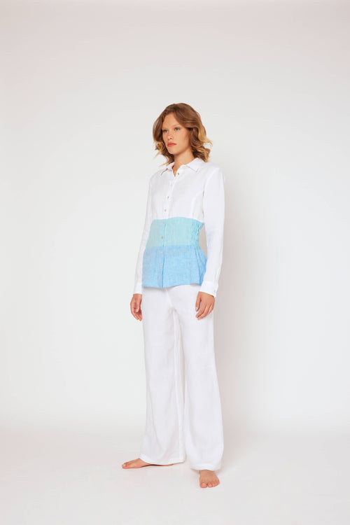Yarn-dyed linen blouse White/Blue