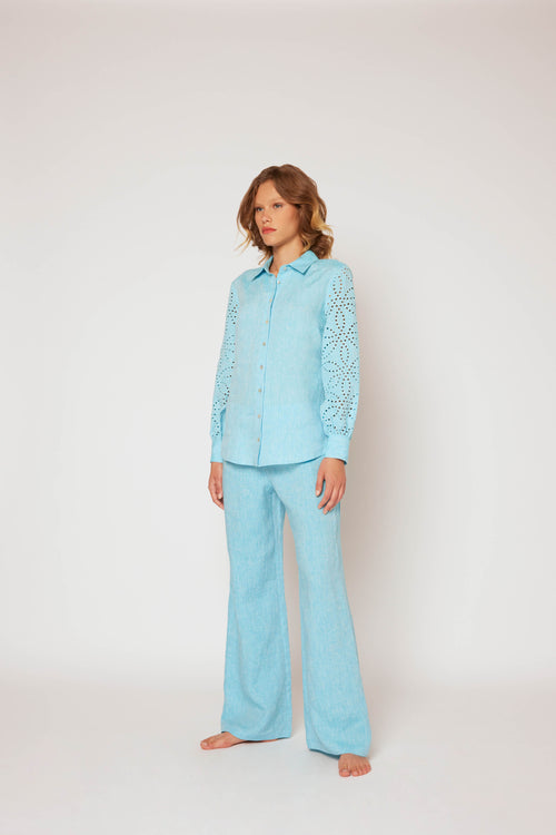 Yarn-dyed linen wide leg pants light blue