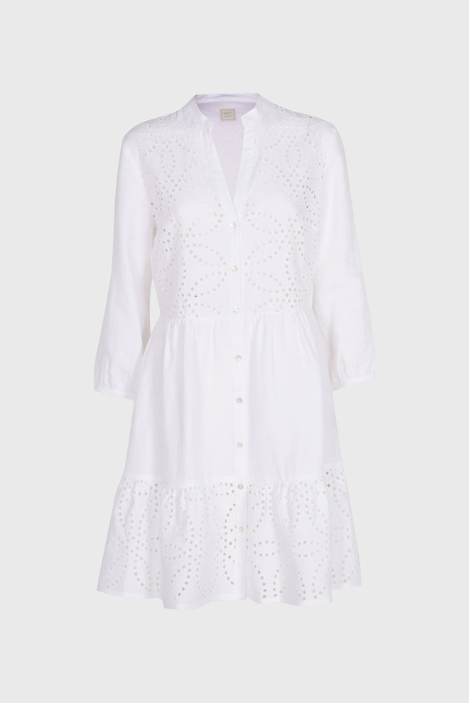 3/4 sleeve yarn dyed linen dress white