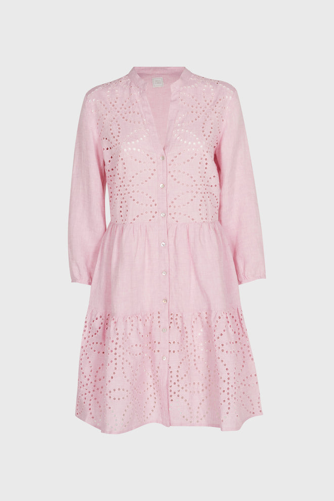 3/4 sleeve yarn dyed linen dress pink
