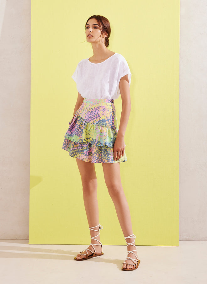 Floral Paisley Asymmetric Ruffled Mini Skirt