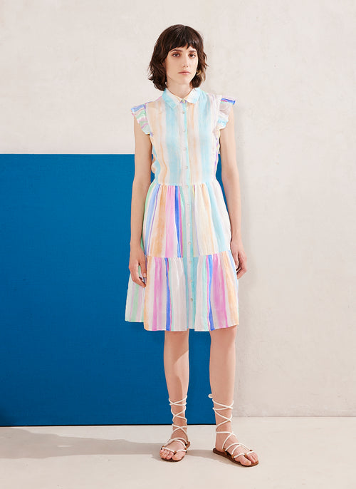 Watercolor Stripe Collared Mop Buttoned Front Dress