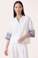 Relaxed Fit Boxy Linen Shirt with Geometric Embroidery - 1