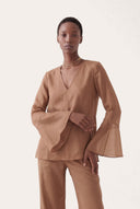 Linen Cotton V-Neck Flared Blouse - 1