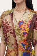 Artistic Patchwork Print Linen Wrap Dress - 2