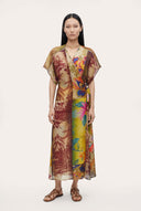 Artistic Patchwork Print Linen Wrap Dress - 1
