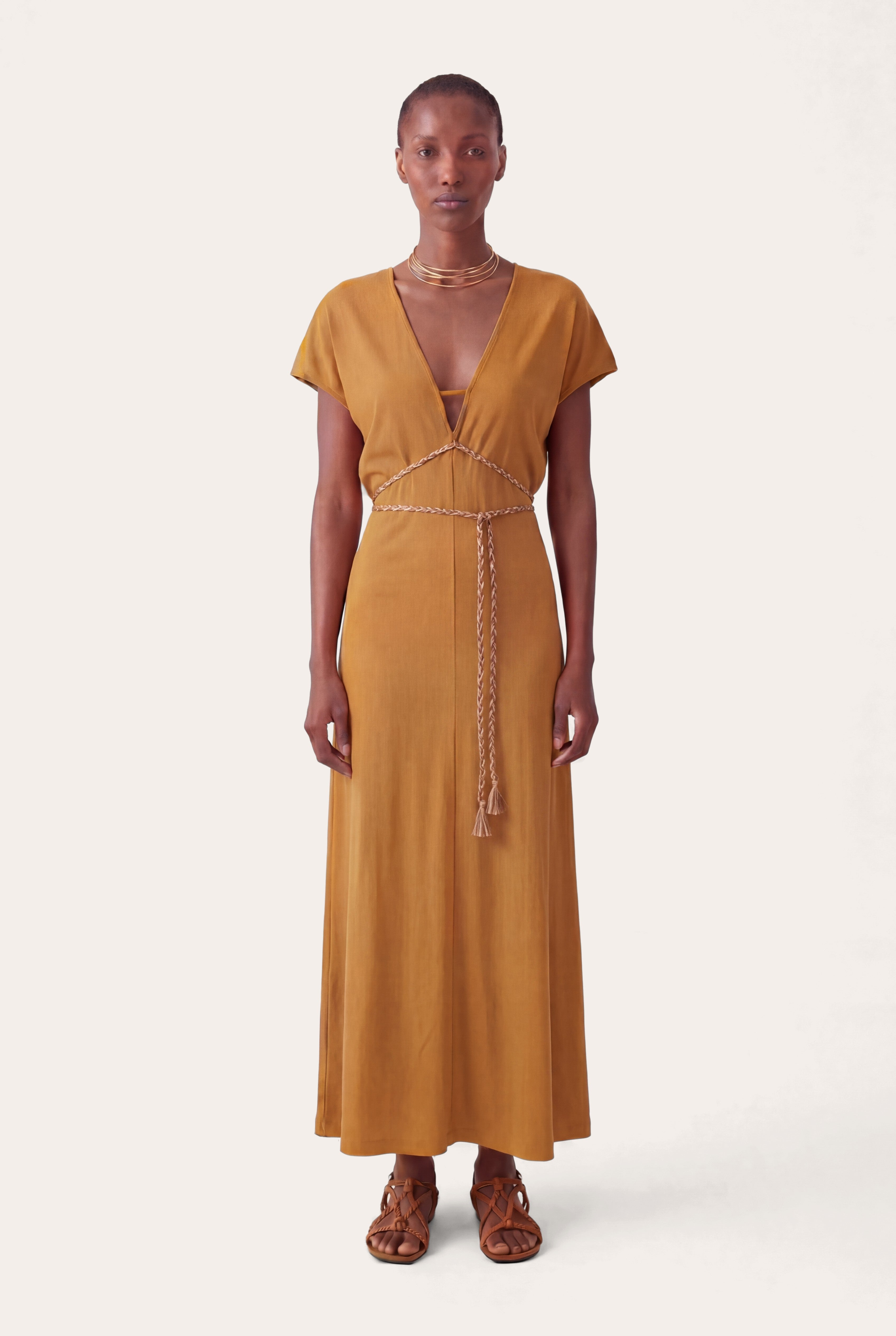Braided-Waist Linen Dress COGNAC / L/L