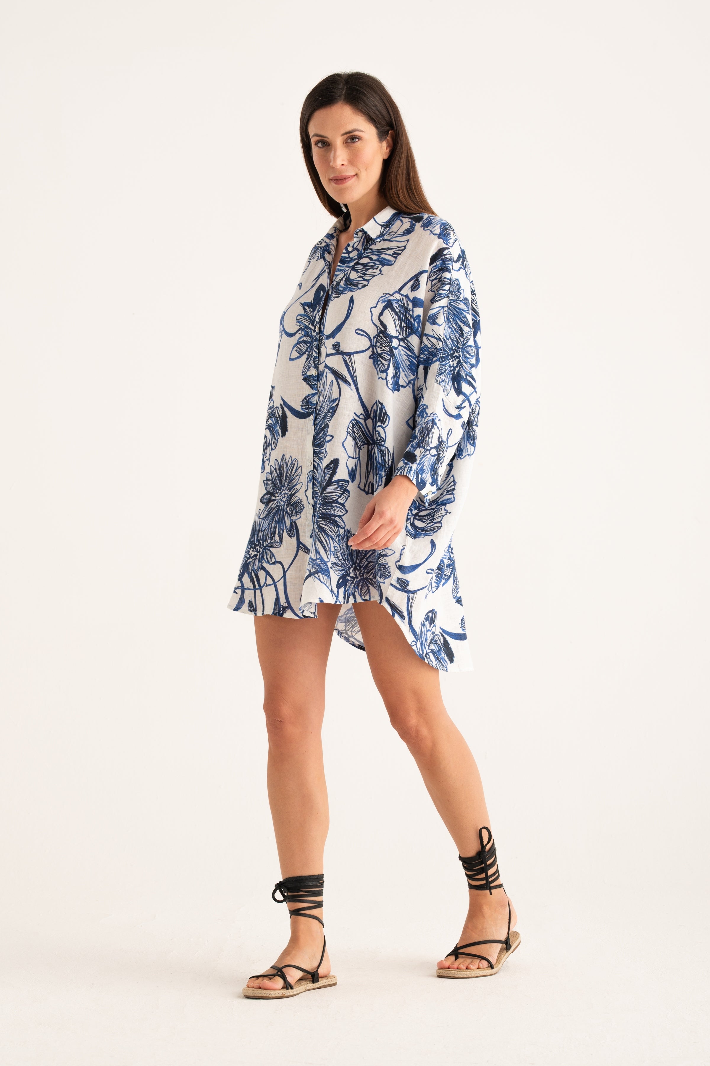 blue print shirt dress Pleated Waist Shirt Dress - Light Blue/Floral