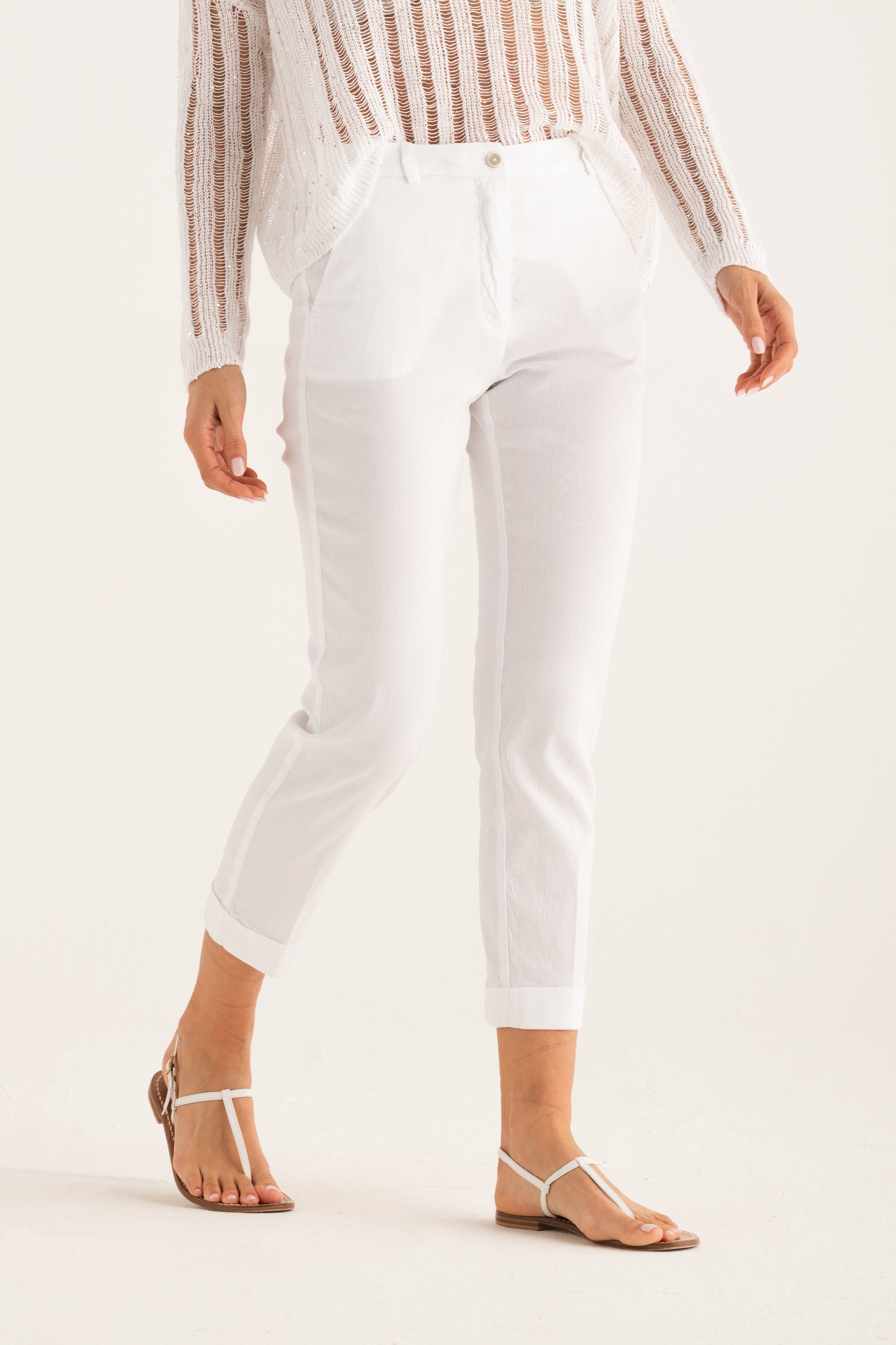 Chino Cropped Pant with Cuff White – 120percento Lino USA