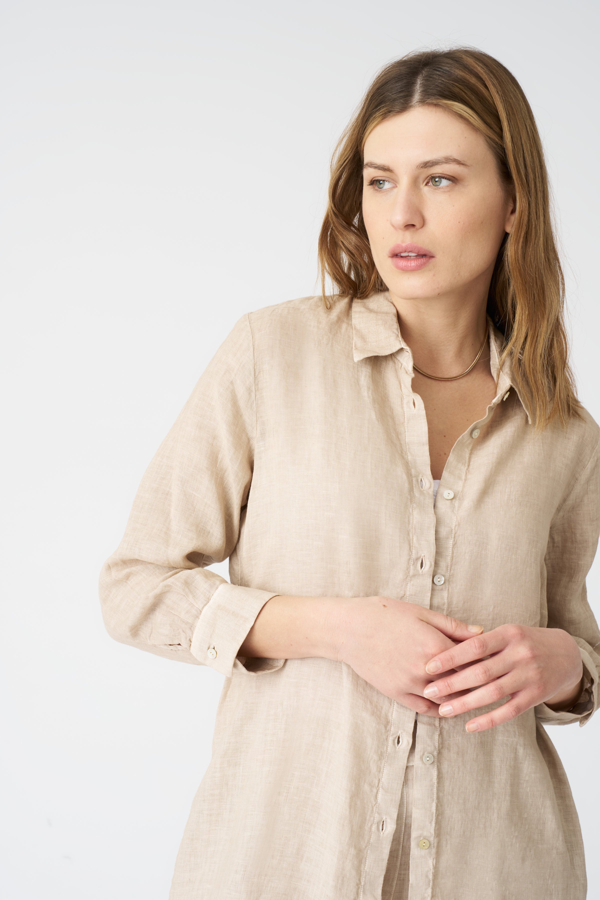 tan shirt dress Ladies - Beige Short-Sleeved - Size: XXL seam pockets Shirtail hemline that reaches to mid Women's Solid Color Long -