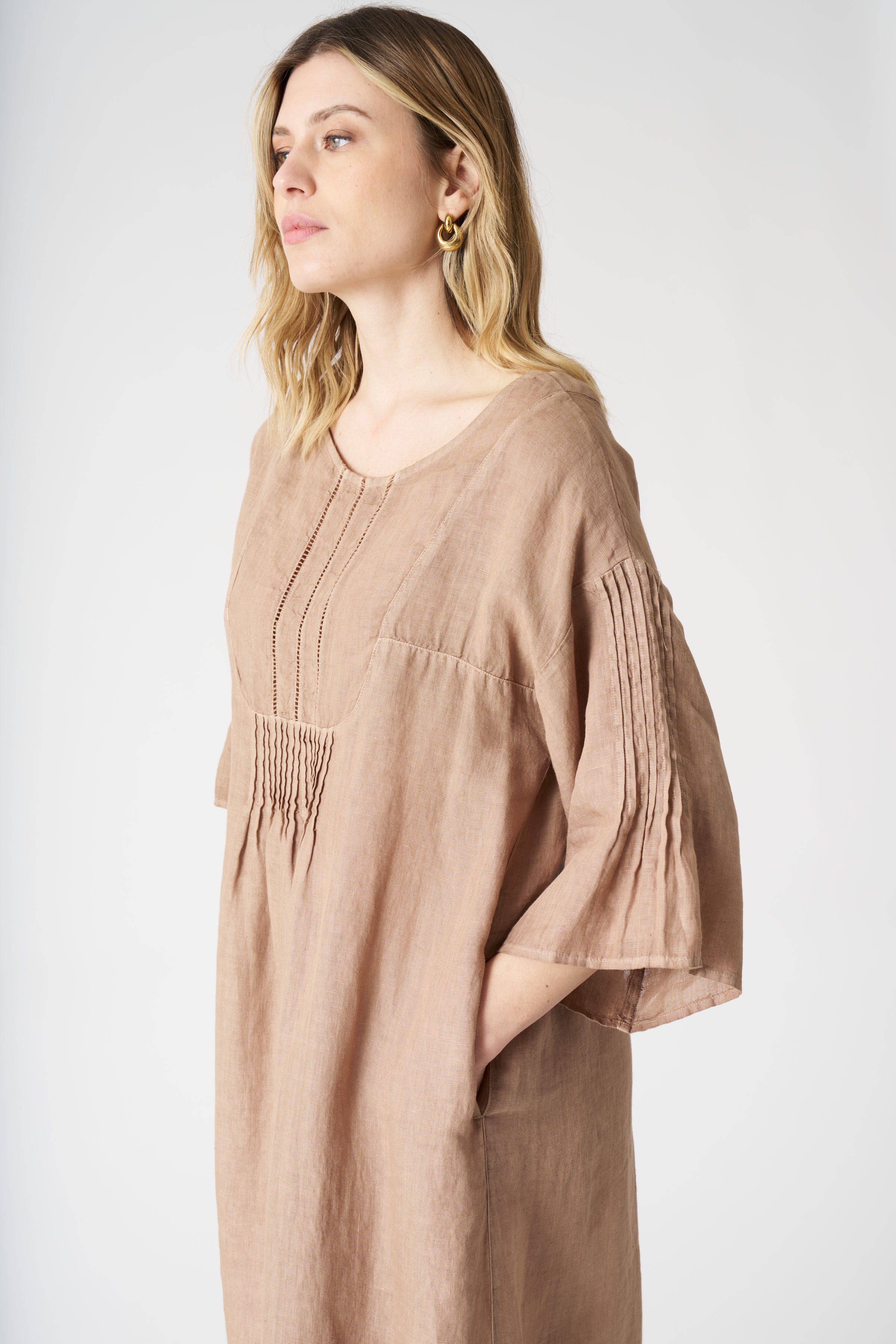 chinese dress ladies Easy Short Linen Pintuck Dress C536 – YLISTYLE main image 0