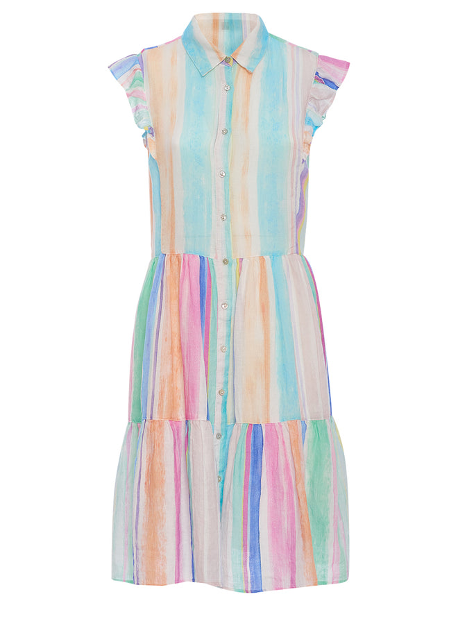 Watercolor Stripe Collared Mop Buttoned Front Dress