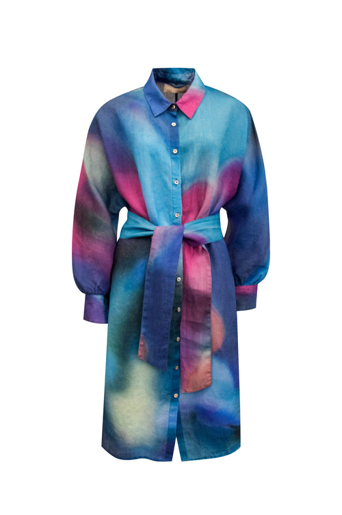 Watercolor print linen shirt dress with dolman sleeves