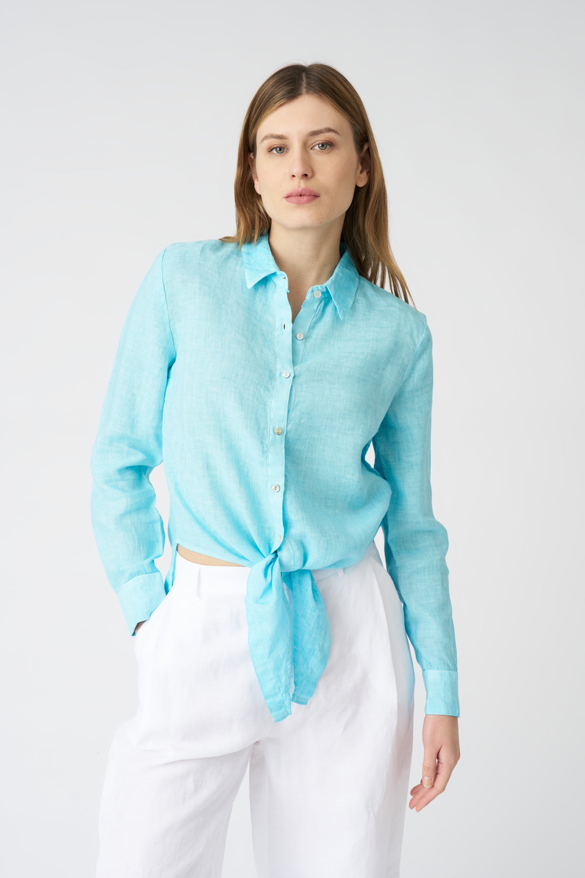 Chemise Femme En Lin Mélangé Vert Bleu (teal) Taille M - Boutonnage Devant Avec Nœud, Manches Longues, Parfait état