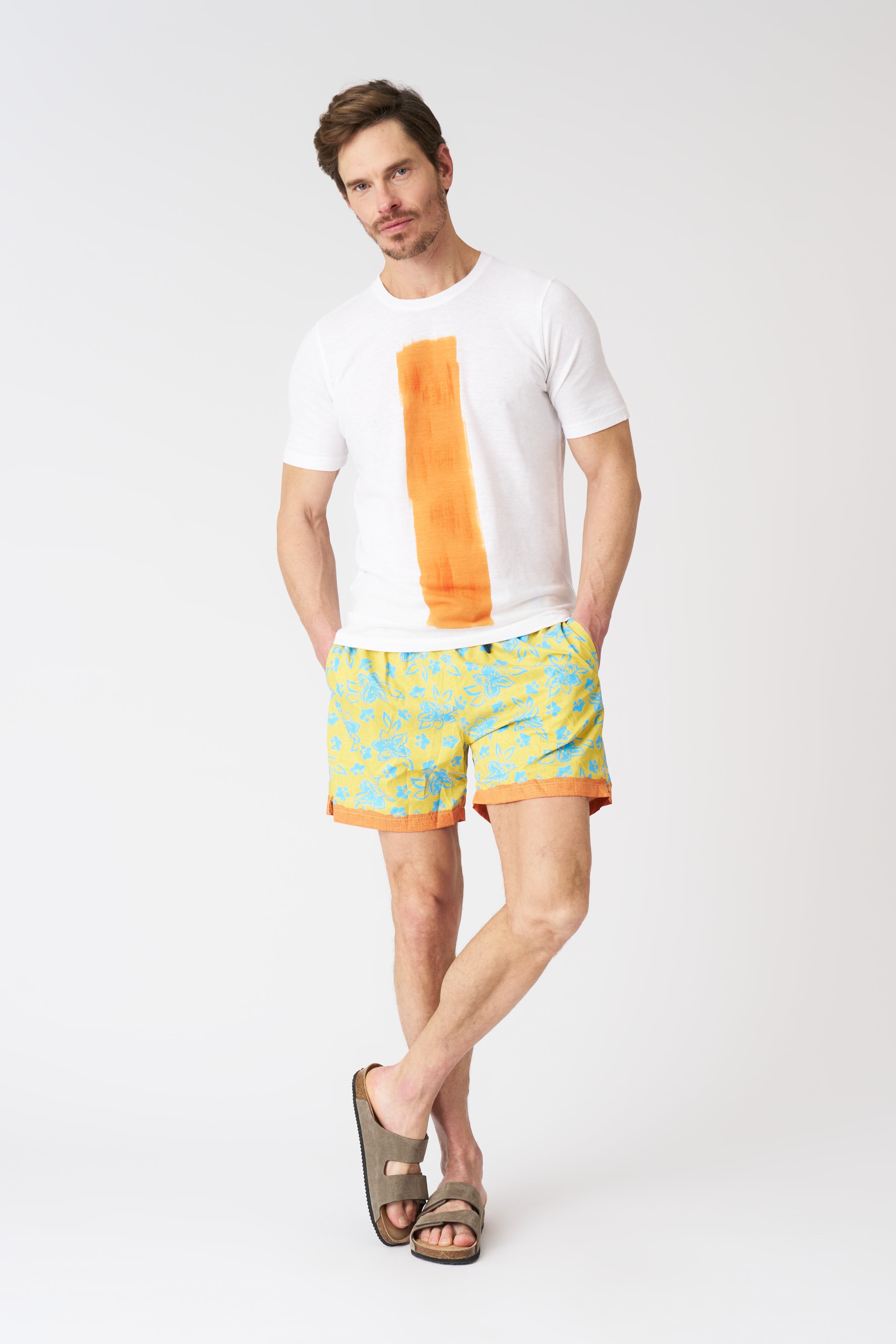 Painted Flower with Contrast Stripe Swim Trunks – 120percento Lino USA