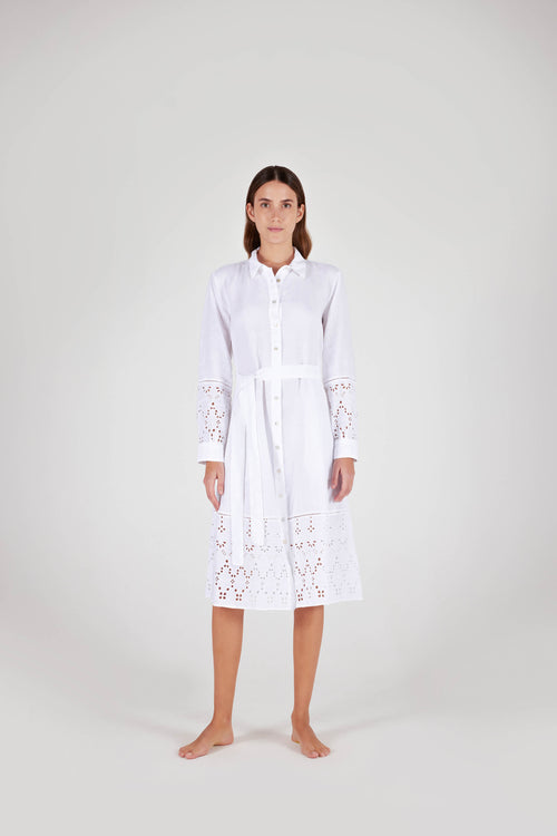 Linen Dress With Eyelet Sleeves And Hemline White