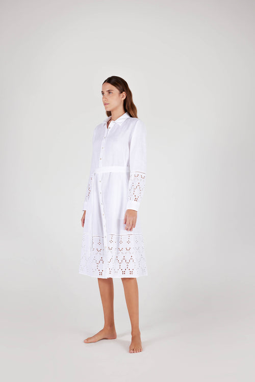 Linen Dress With Eyelet Sleeves And Hemline White