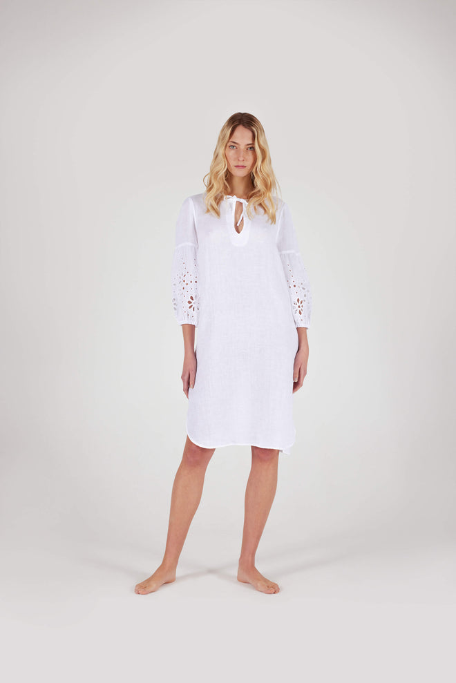 Linen Relaxed Dress With Self-tie White